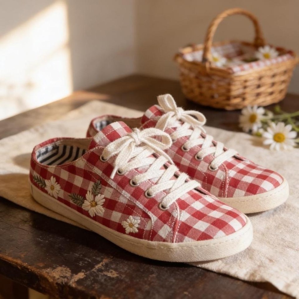 Red gingham sneakers with daisy print - Picture 2 of 2